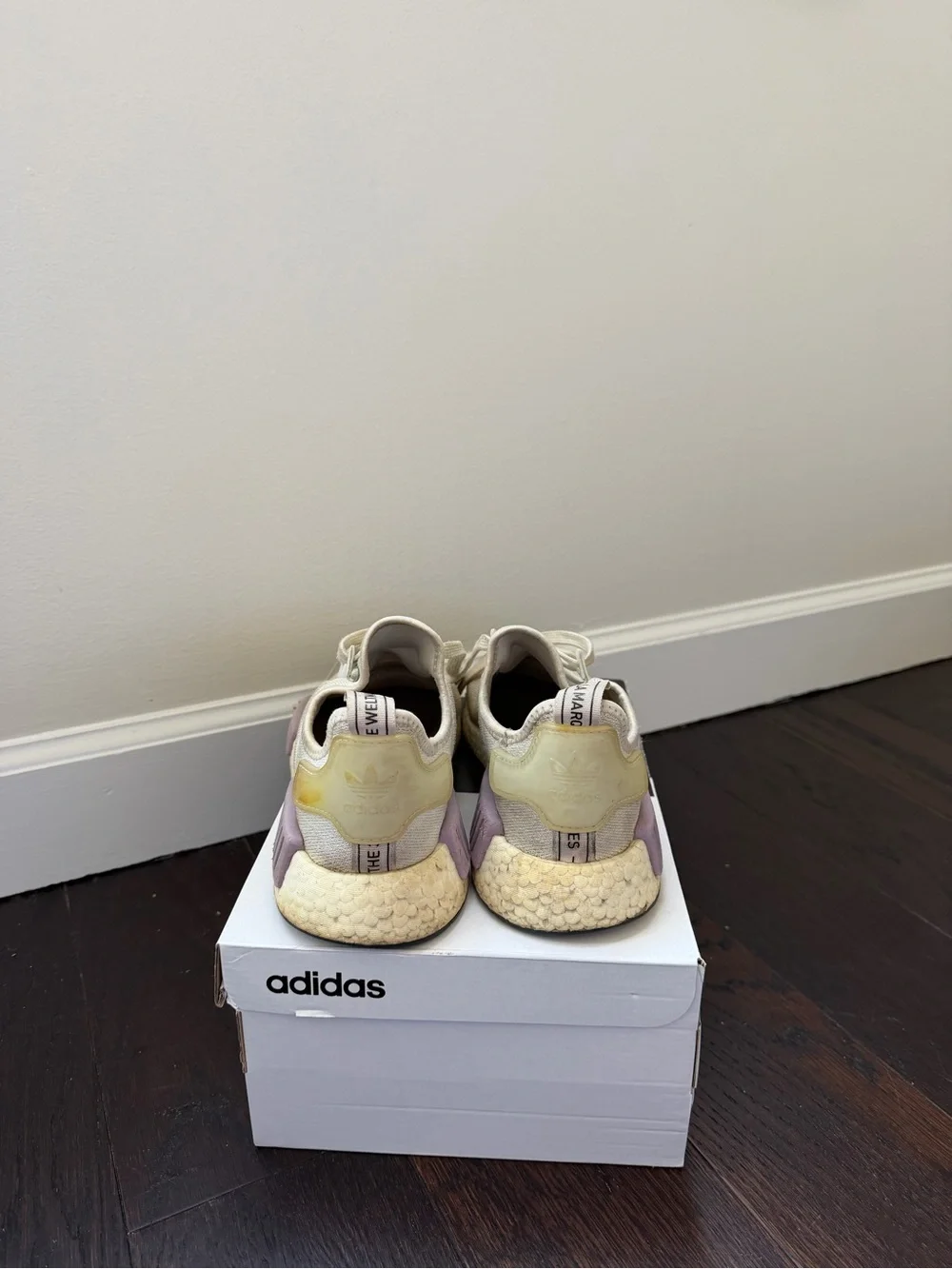 Women’s Adidas NMD R1 Boost Sneakers – White Beige Purple